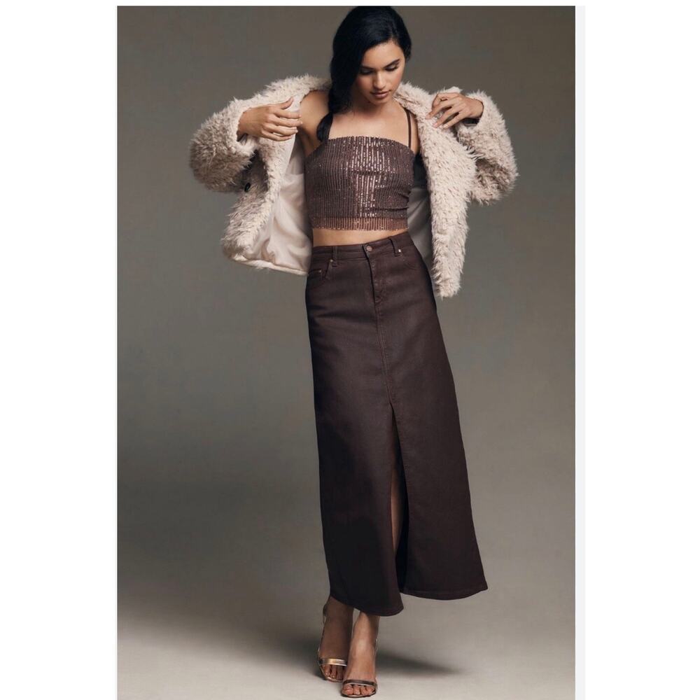 Pilcro The Madi Front-Slit Denim Maxi Skirt in Wine size 4 Waxed Coated - Picture 2 of 12